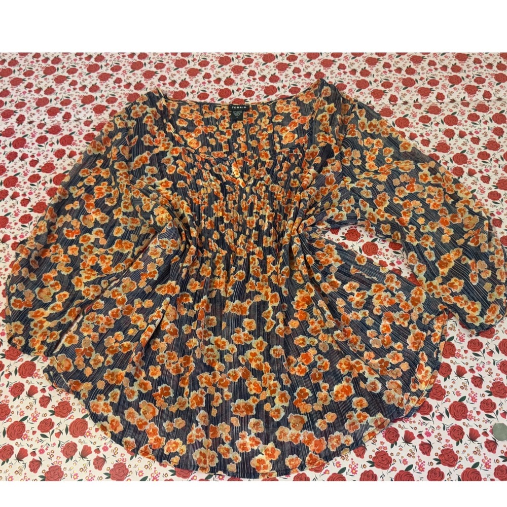 Torrid Floral Striped Pintuck Chiffon Blouse Womens Plus Size 2‎ Orange d3